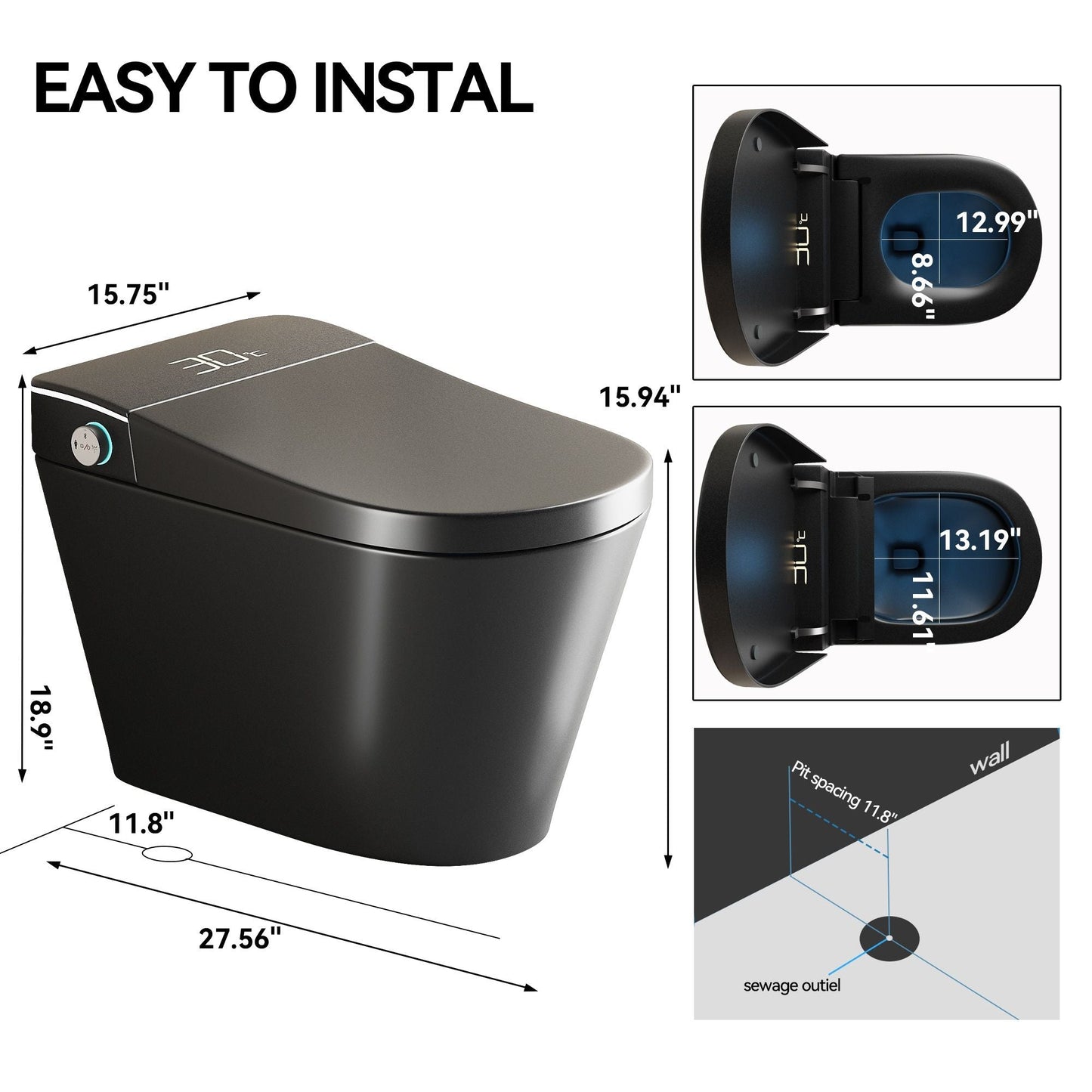 Smart Bidet Toilet With Auto Open / Close Seat, Warm Water Wash, Heated Seat, And Wireless Remote Control