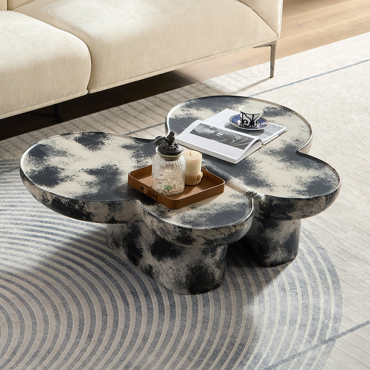 Butterfly Design Coffee Table with Modern Fiberglass Construction - Light Gray and Black