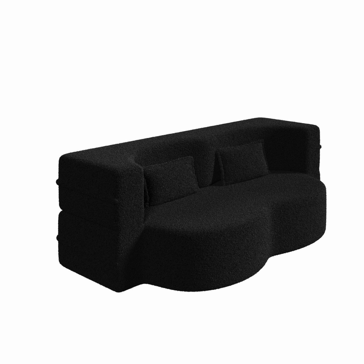 Modern Floor Sofa With Two Pillows Convertible Teddy Fabric Foam Filled Bed