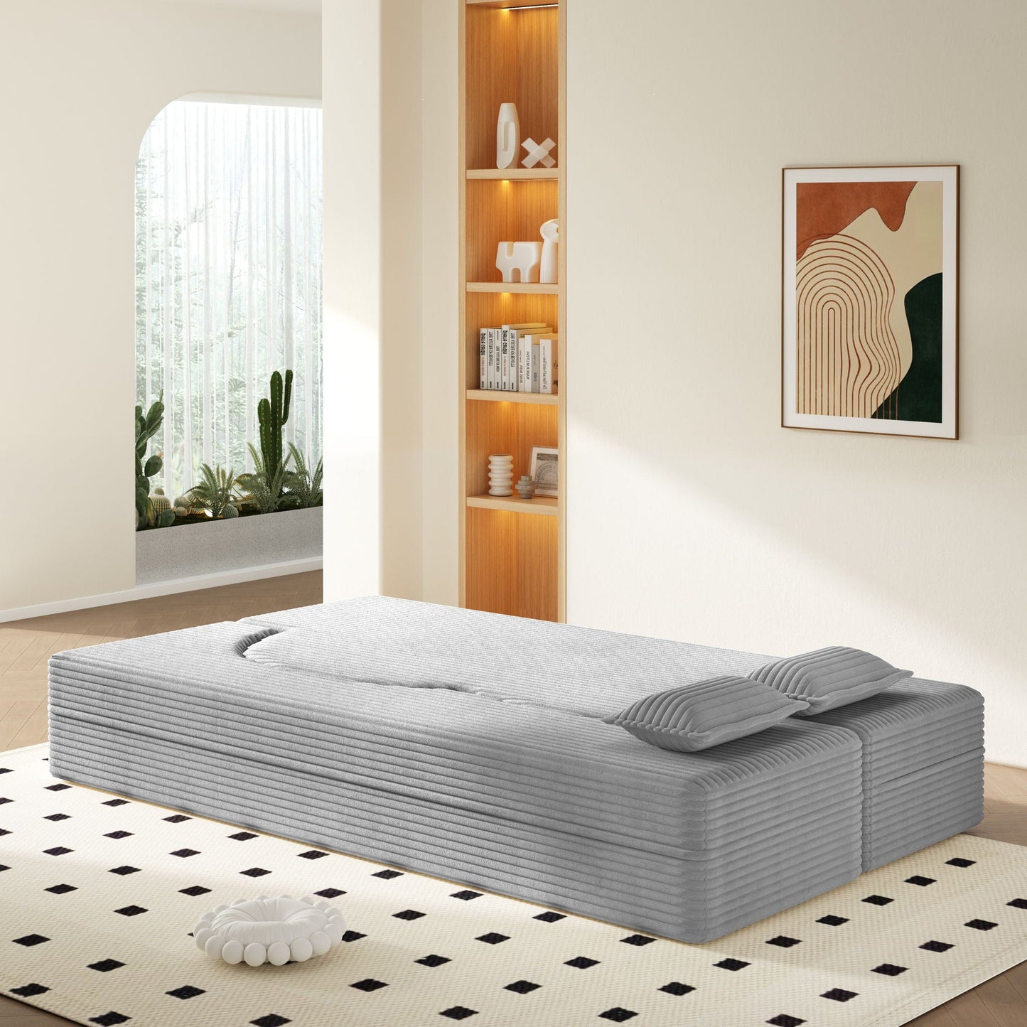 Floor Sofa With 2 Pillows, Convertible Twin Size Mattress For Living Room