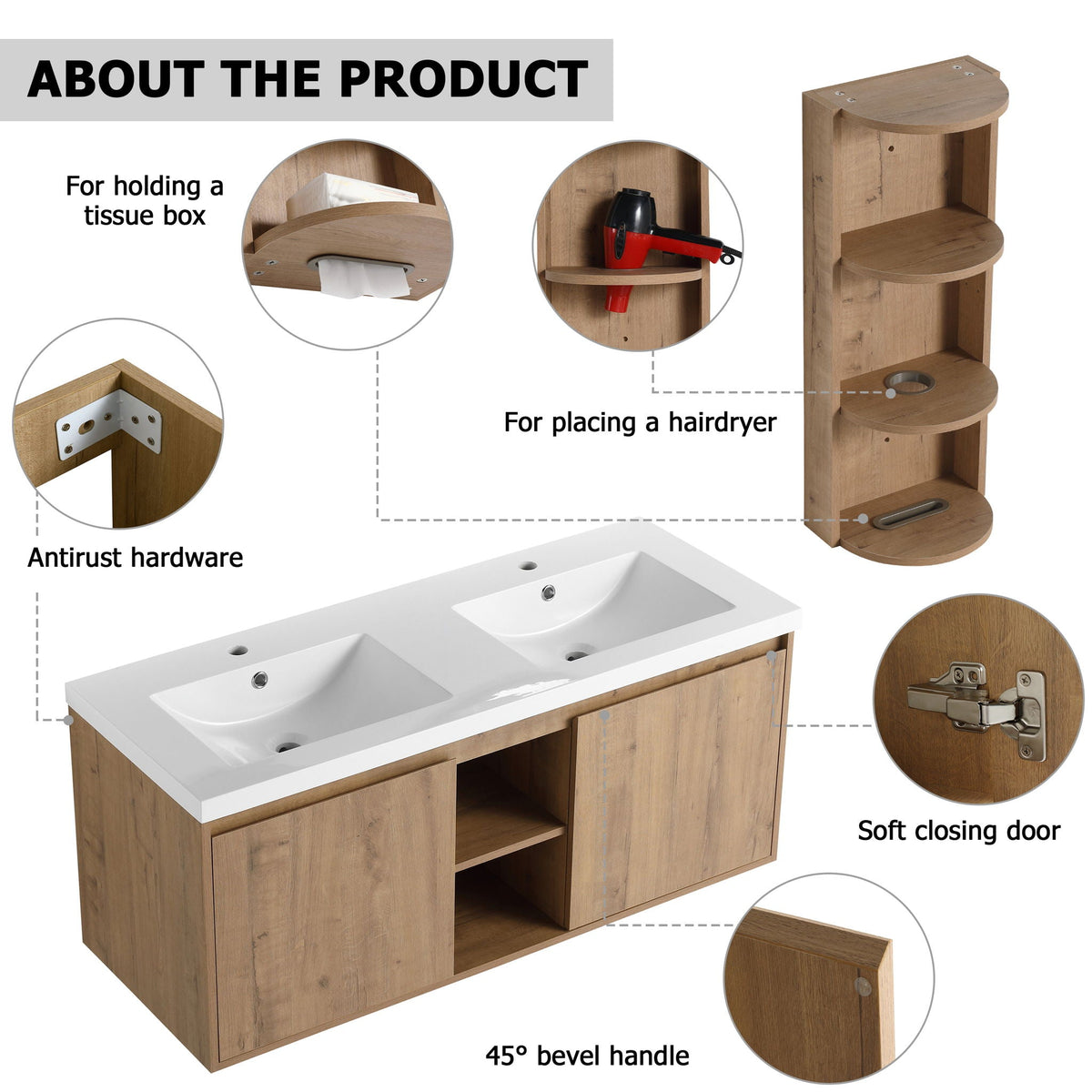 48" Wall Mounted Bathroom Vanity With Double Resin Sink And Storage Rack Soft Close Doors - Imitative Oak