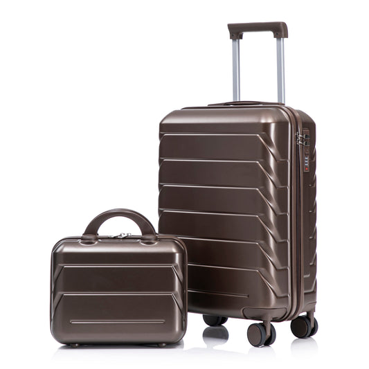 14"/20" 2-Piece ABS Spinner Wheel Luggage Set with Combination Lock and Cosmetic Case (Brown)