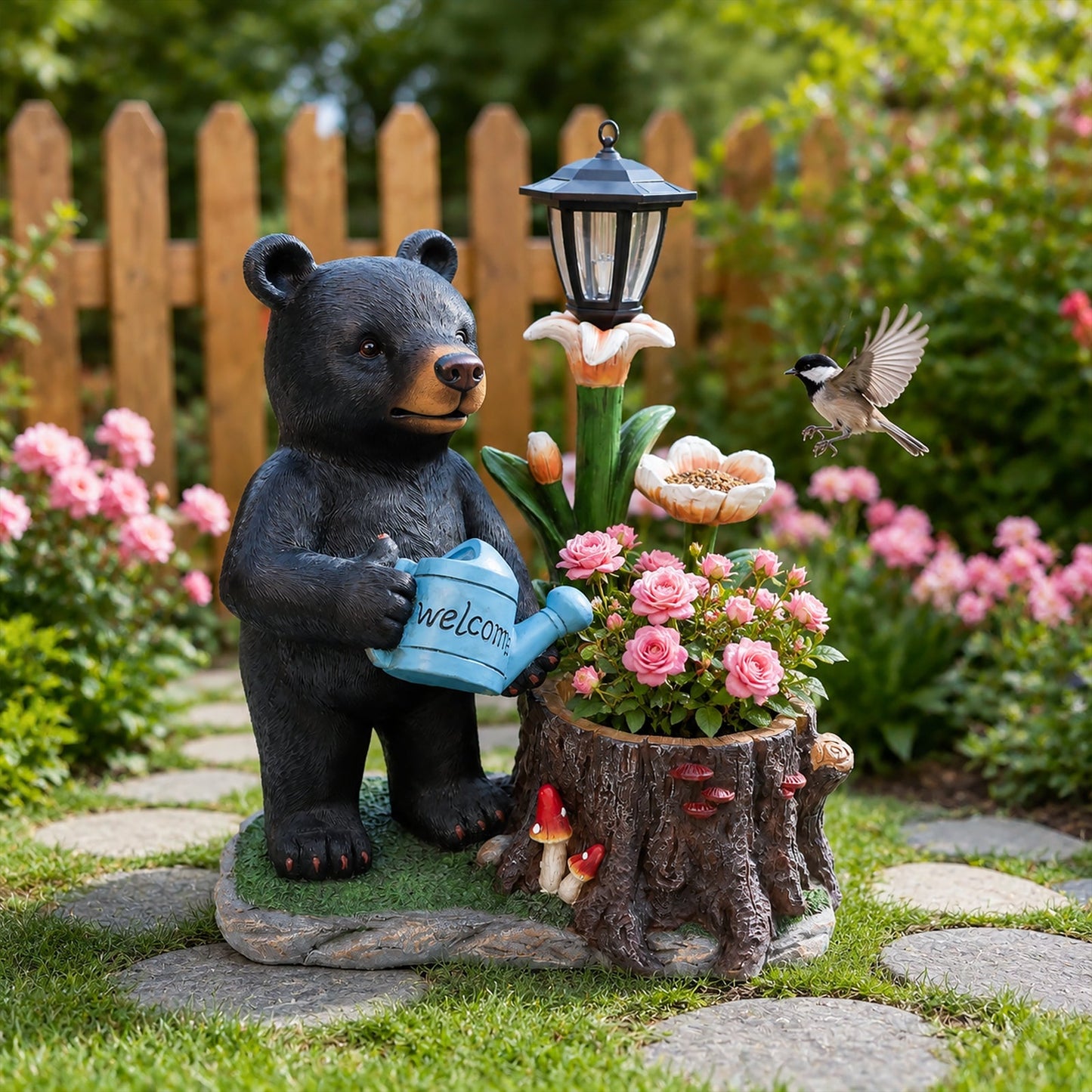 Standing Black Bear Garden Planter with Decorative Solar Lantern