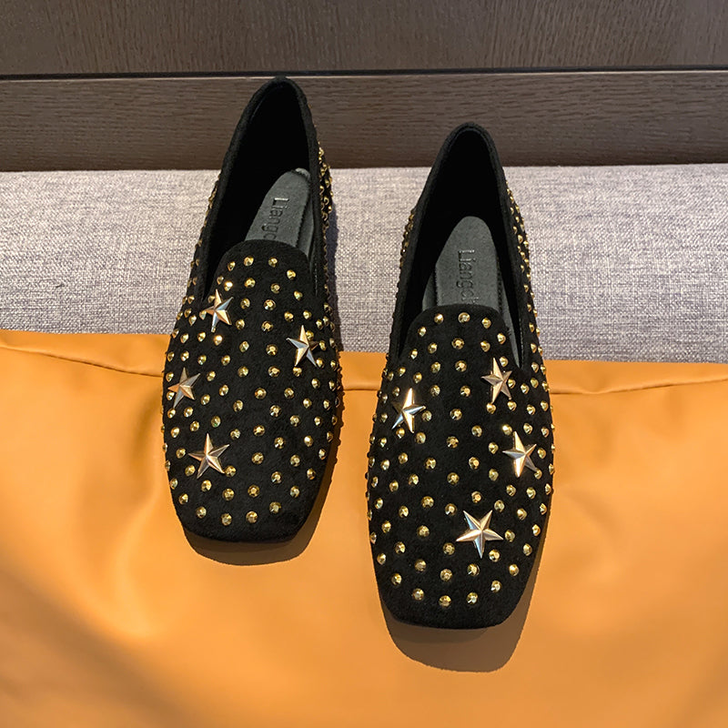 2026 Fall New Square Toe Rhinestone Flat Moccasins, Soft Sole Slip On Loafers For Wide Feet Women