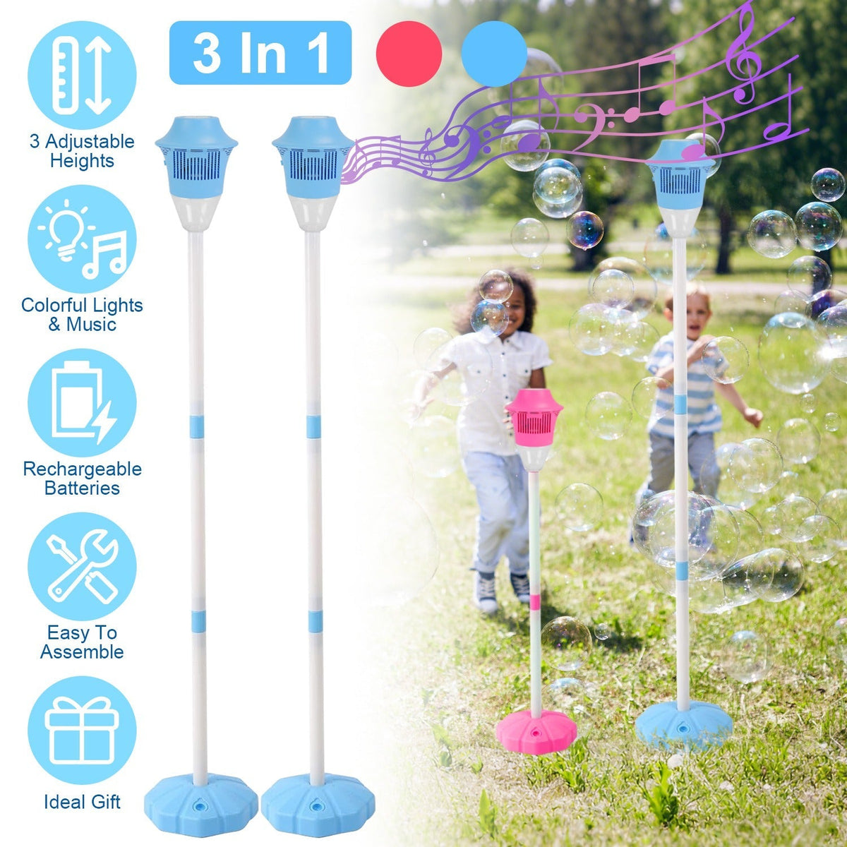 2Pack 3 In 1 Standing Bubble Machines with Colorful Lights and Music Rechargeable Bubble Maker Stands with 2 Modes 3 Adjustable Height for Party Weddi