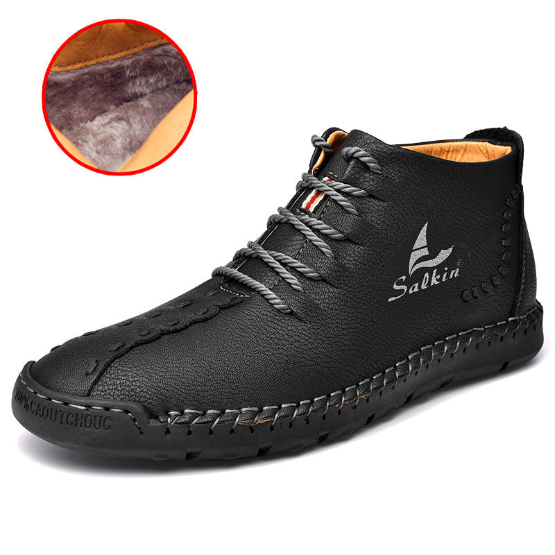 New Men's Martin Boots Plus Size Medium Leather Plus Velvet