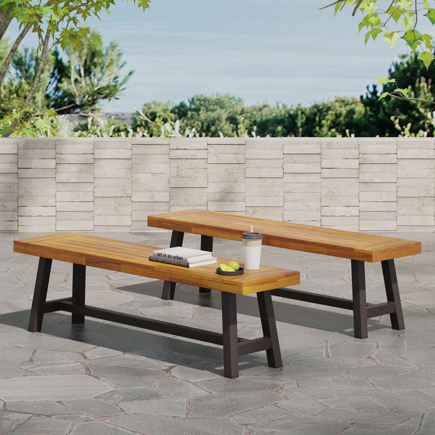 Tranquilizer Outdoor Acacia Wood Bench With Slat Panel Design