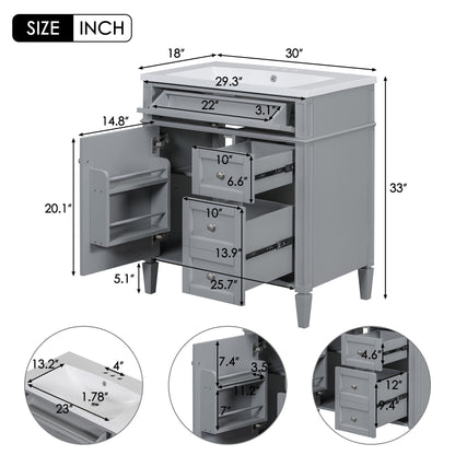 Bathroom Vanity With Top Sink, 2 Doors And 3 Drawers, Freestanding Set With Mirror Cabinet
