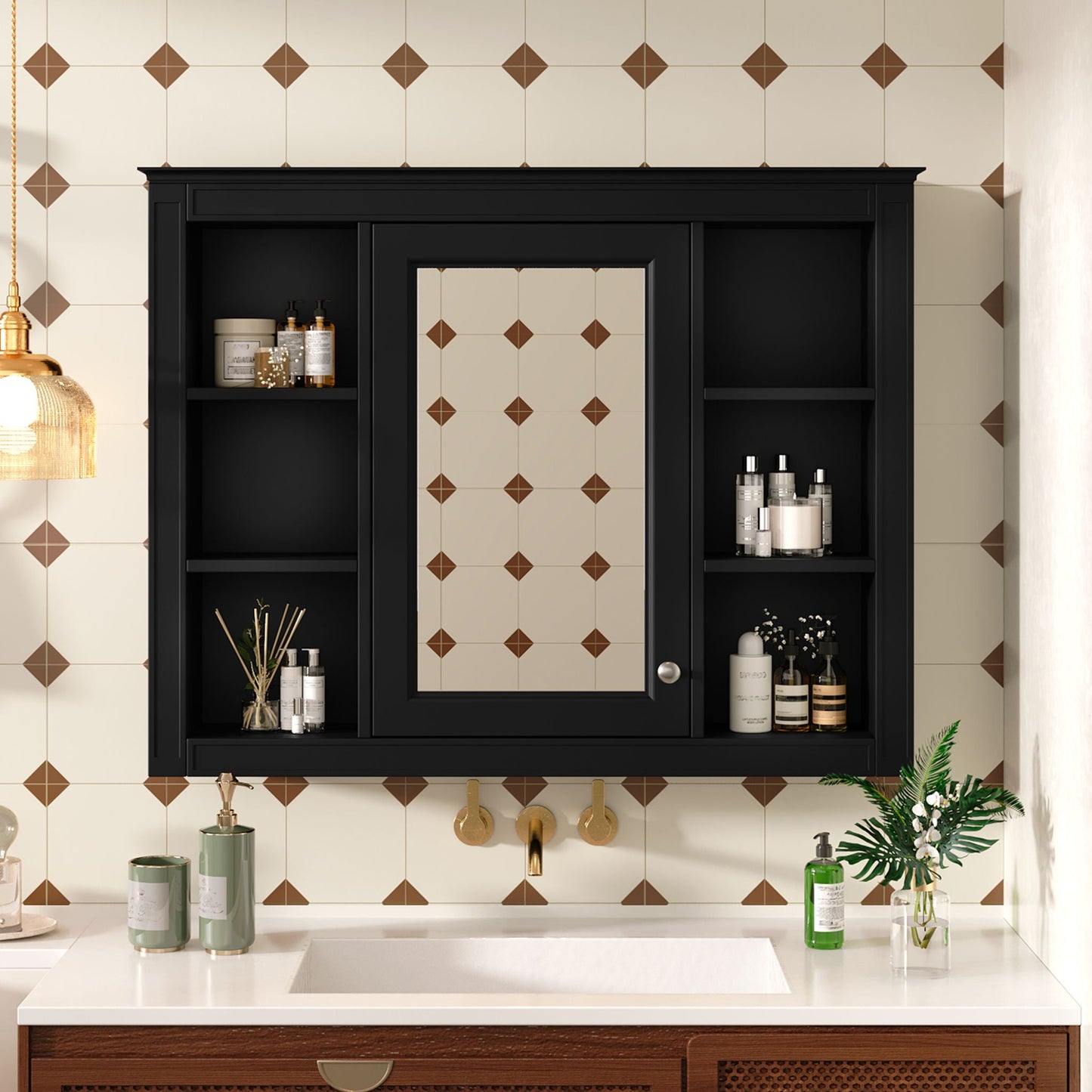 Wall Mounted Medicine Cabinet With Mirror, Storage Cabinet Featuring 6 Open Shelves And Adjustable Interior