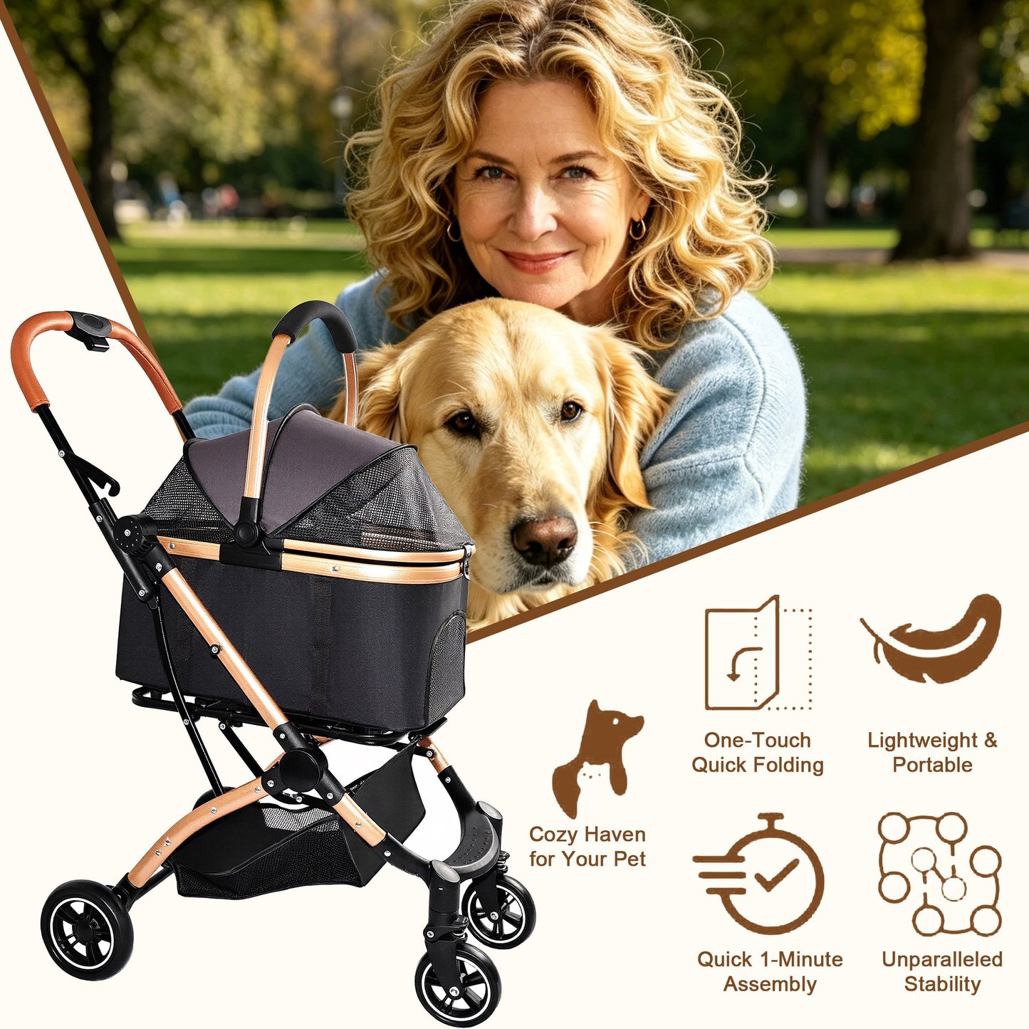 Pet Stroller for Dogs and Cats, 2-in-1 Detachable Foldable Design