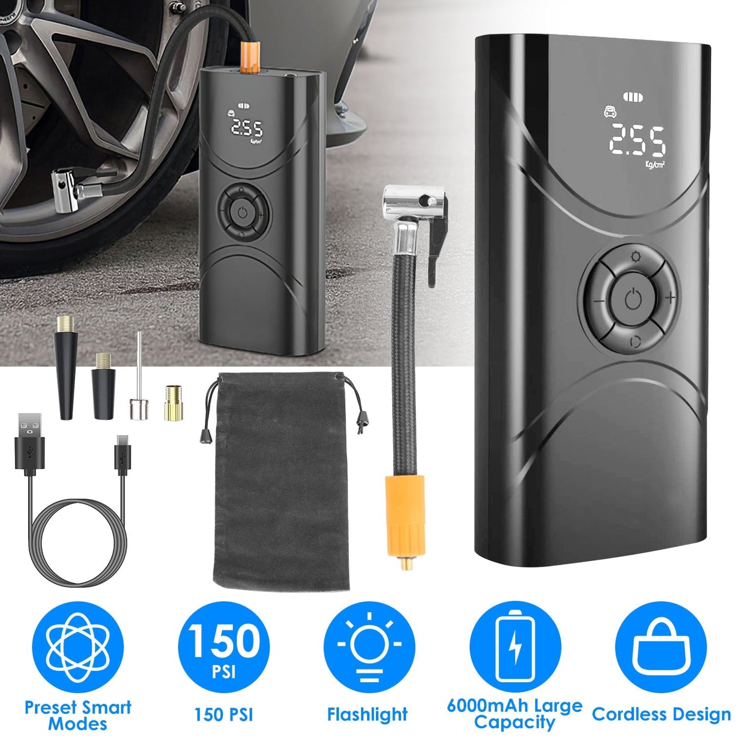 Car Tire Inflator Pump Portable Car Air Compressor 6000mAh Wireless Electric Air Pump 150 PSI with LED Light