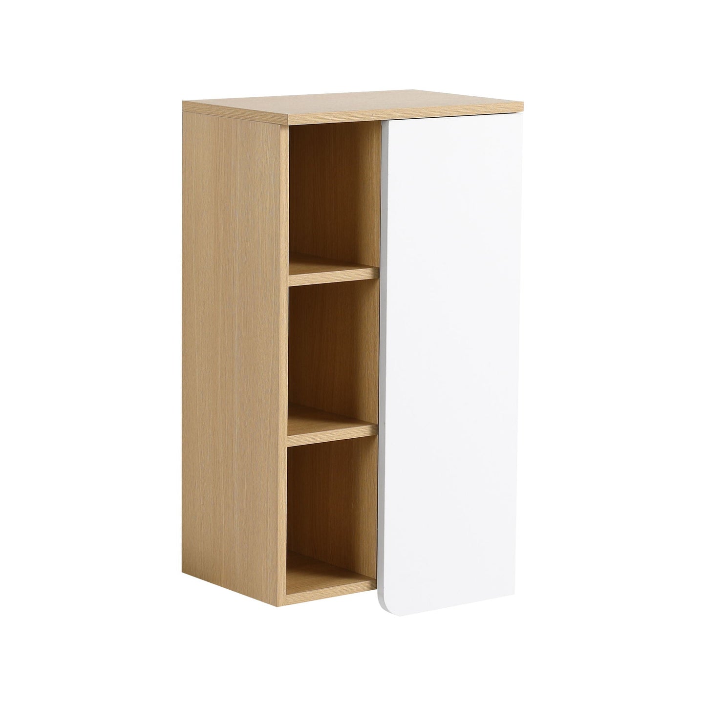 Wall Mounted Bathroom Side Cabinet, Single Door With 3 Tier Open Shelves - Black / Light Oak / White