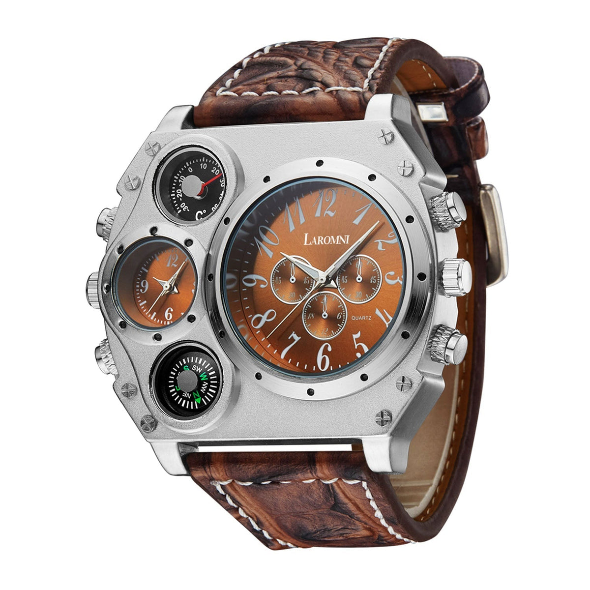 MenÕs Quartz Watch Two Time Zone Big Face Military Style Compass Thermometer Decorative Dial PU Leather Strap