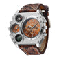 MenÕs Quartz Watch Two Time Zone Big Face Military Style Compass Thermometer Decorative Dial PU Leather Strap