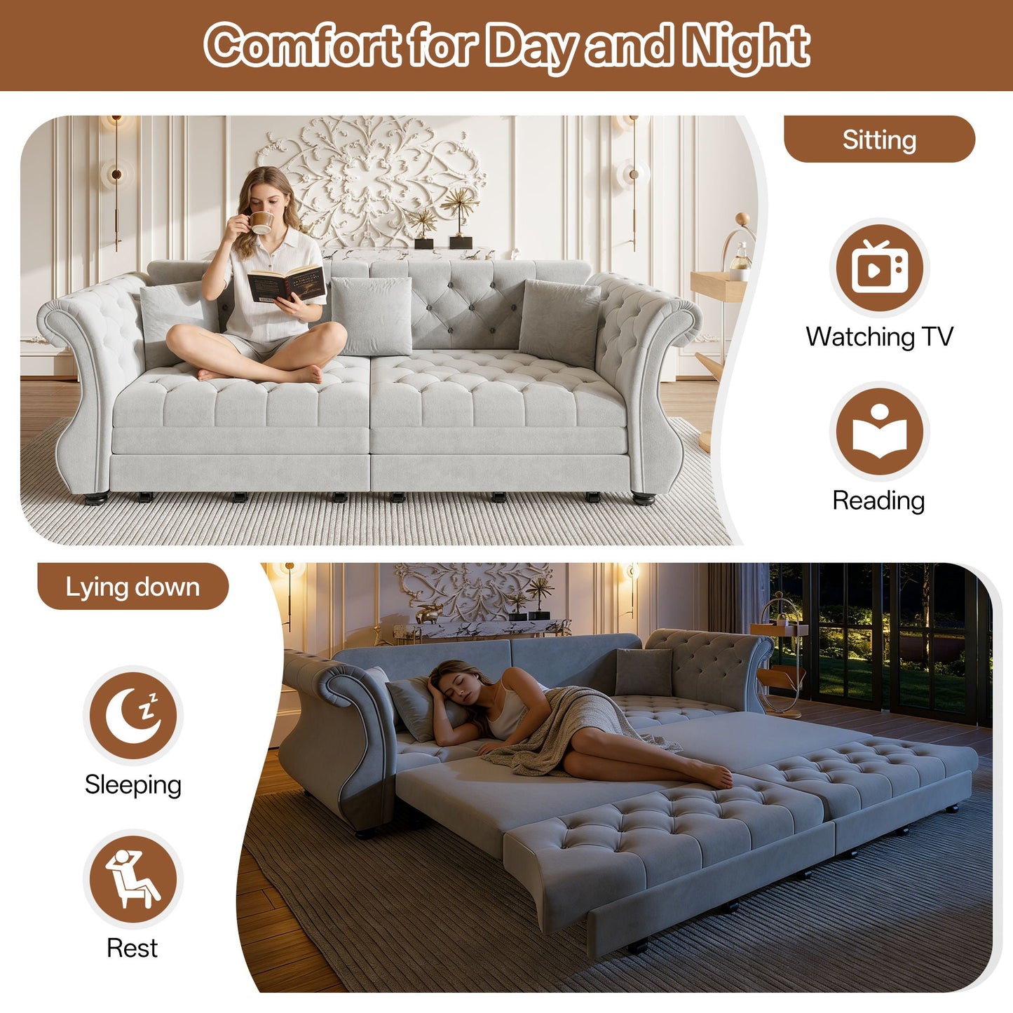 Oversized Chesterfield Pull Out Sofa Bed, Roll Arm Couch With Flower Tufting For Living Room
