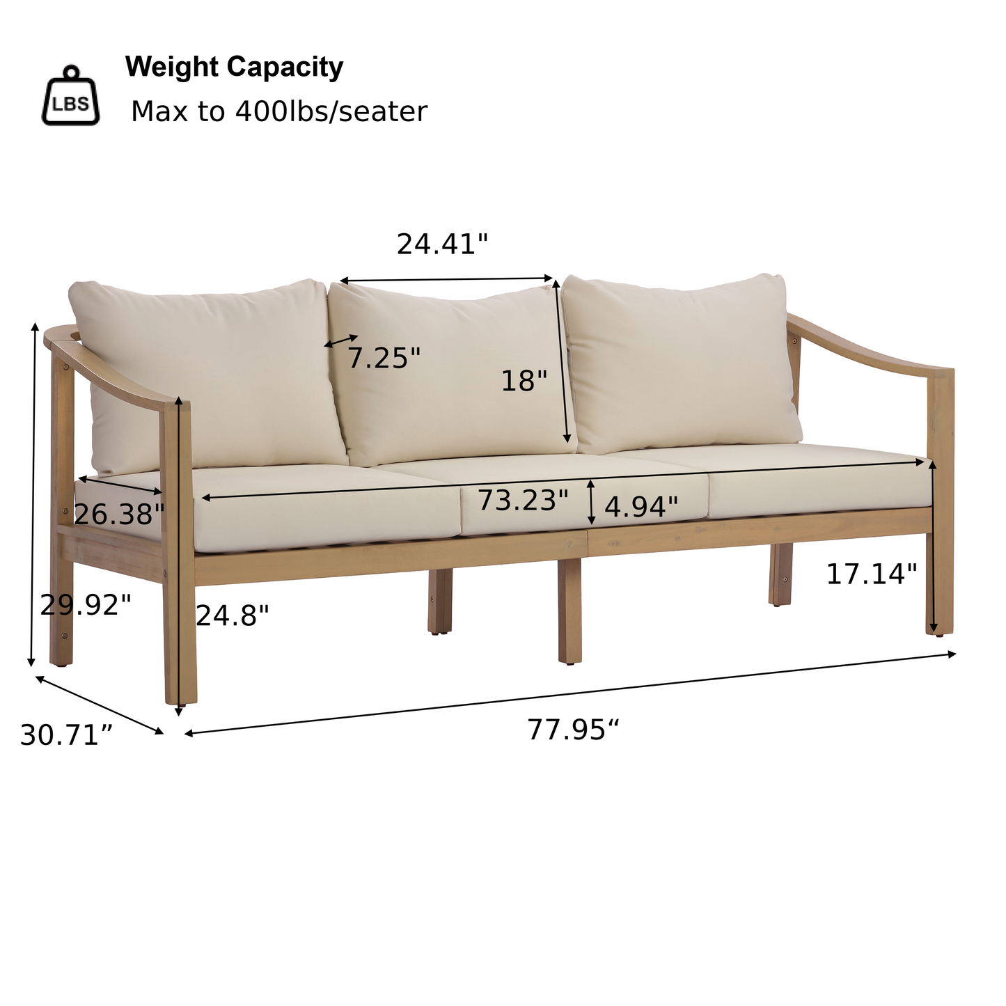 77.95" Outdoor Acacia Wood 3-Seater Sofa with Beige Cushions