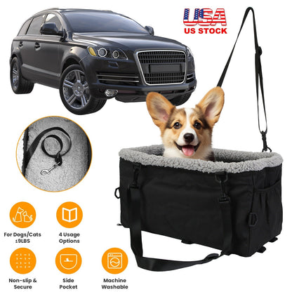 Small Dog Car Seat with Harness Center Console Pet Booster Seat Travel Car Seat with Side Pocket Cotton Velvet Cushion for Dogs Cats Up to 9LBS