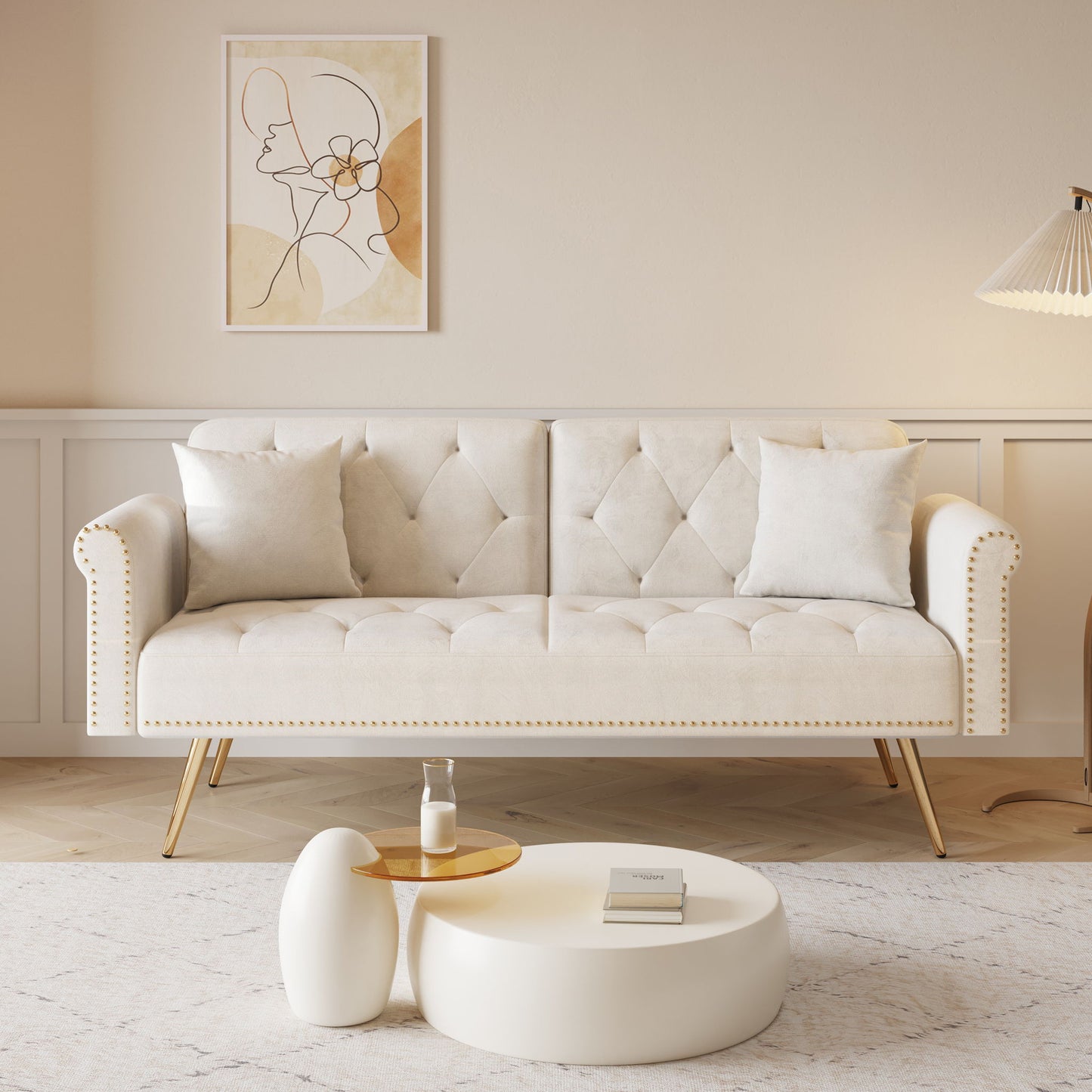 Luxurious Sofa Bed With Nail Head Trim And Matching Pillow