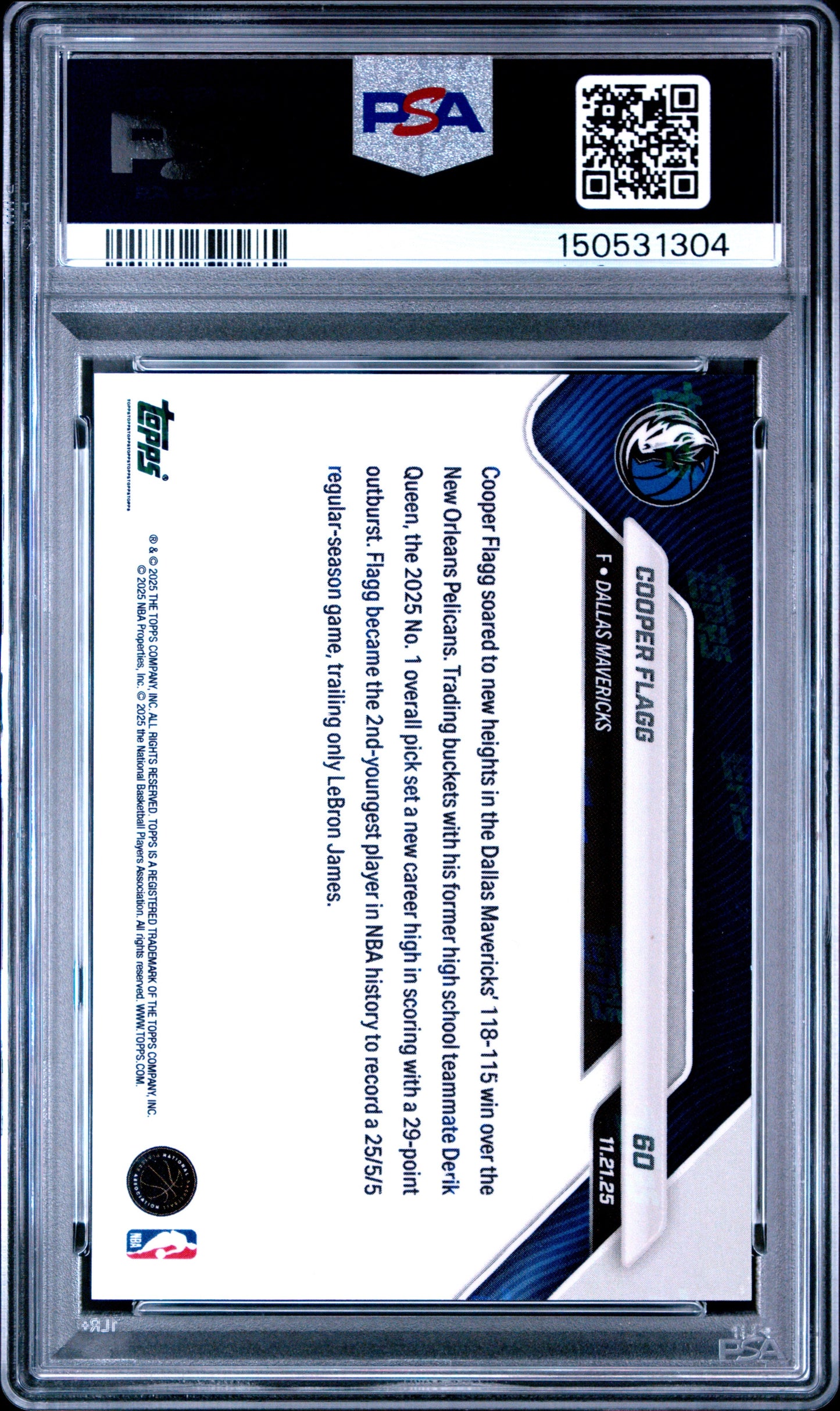 Graded 2025 Topps Now Cooper Flagg #60 Orange Foil /25 Rookie RC Basketball Card PSA 10 Gem Mint