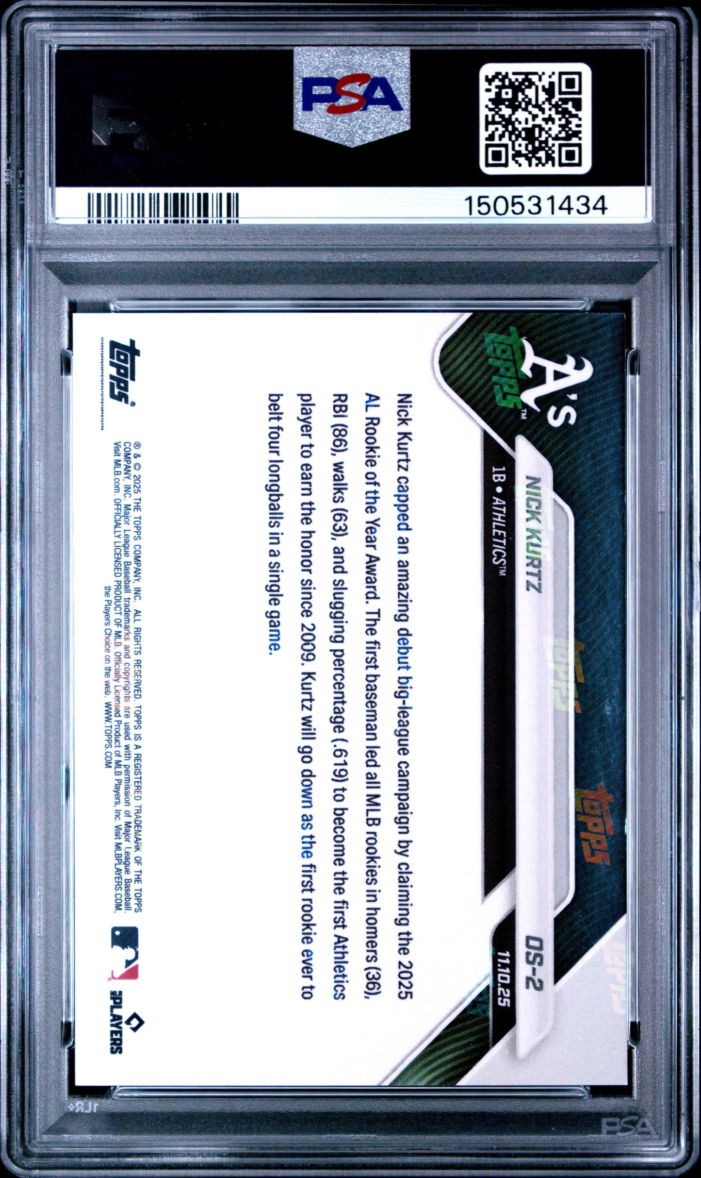 Graded 2025 Topps Now Nick Kurtz #OS2 Offseason Gold Foil /50 Rookie RC Baseball Card PSA 10 Gem Mint