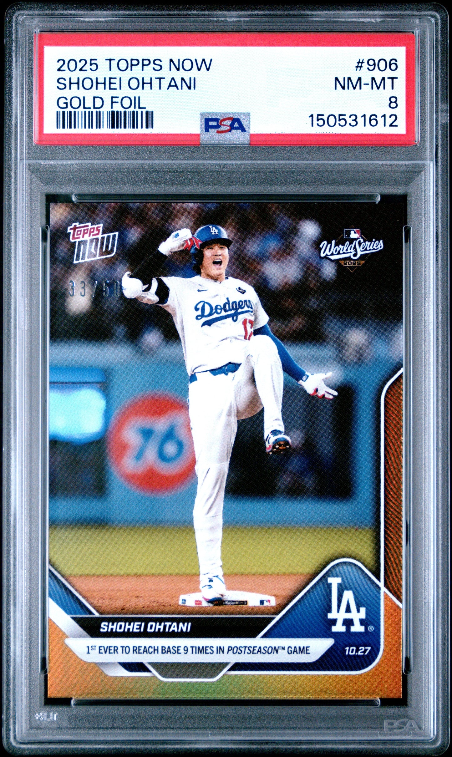 Graded 2025 Topps Now Shohei Ohtani #906 Gold Foil /50 Baseball Card PSA 8 Near Mint