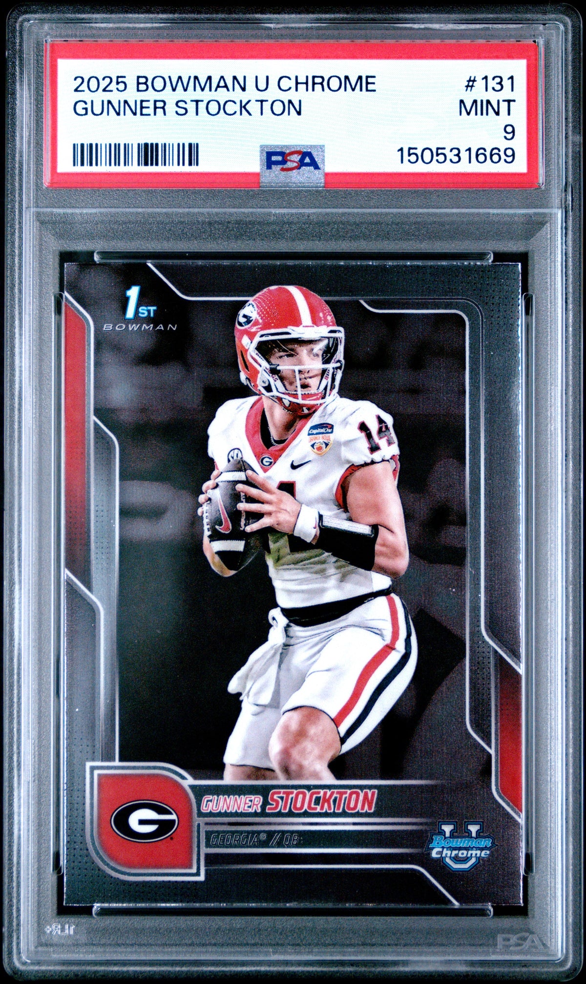 Graded 2025 Topps Bowman University Chrome Gunner Stockton #131 Rookie RC Football Card PSA 9 Mint