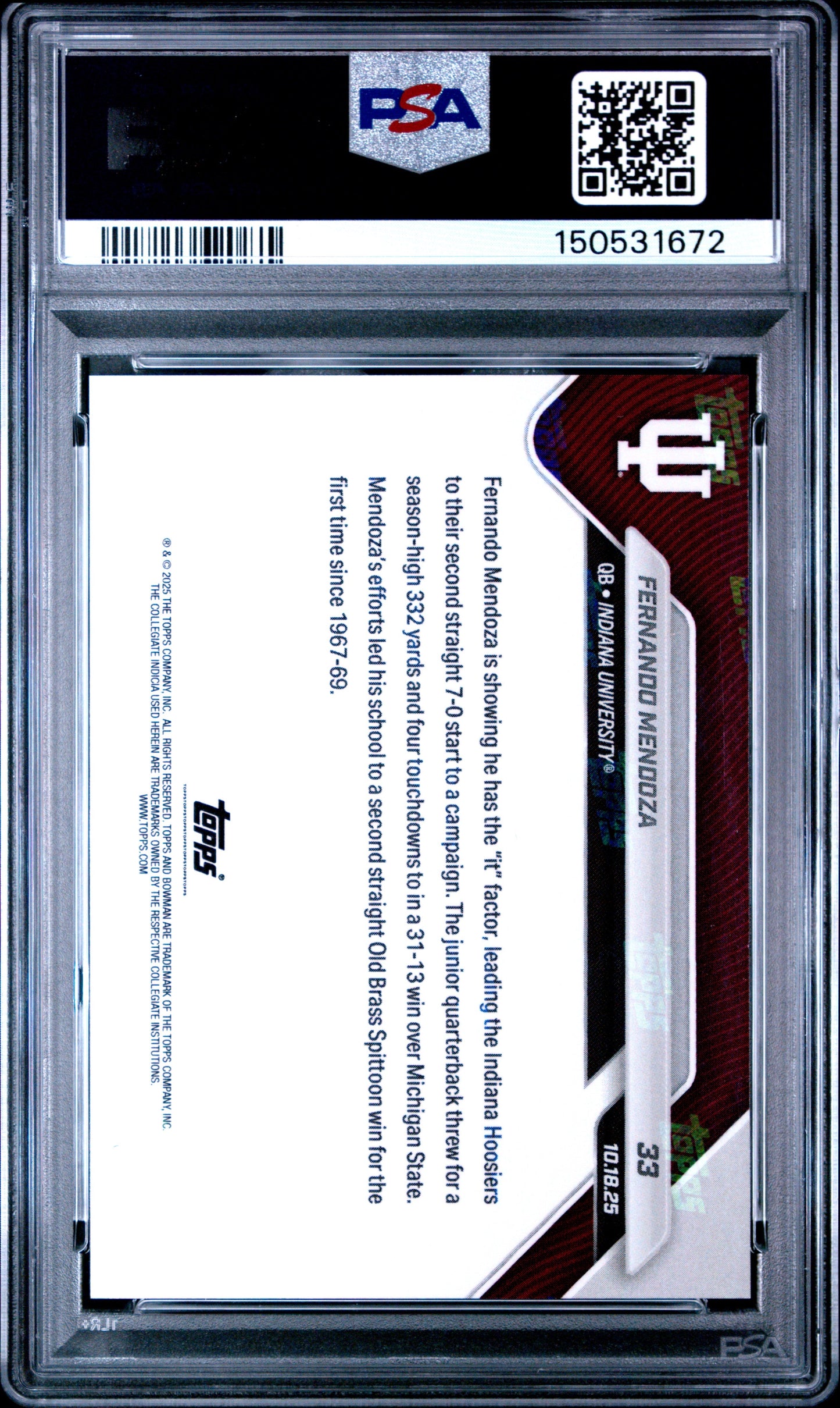 Graded 2025 Topps Bowman U Now Fernando Mendoza #33 Rookie RC Football Card PSA 10 Gem Mint