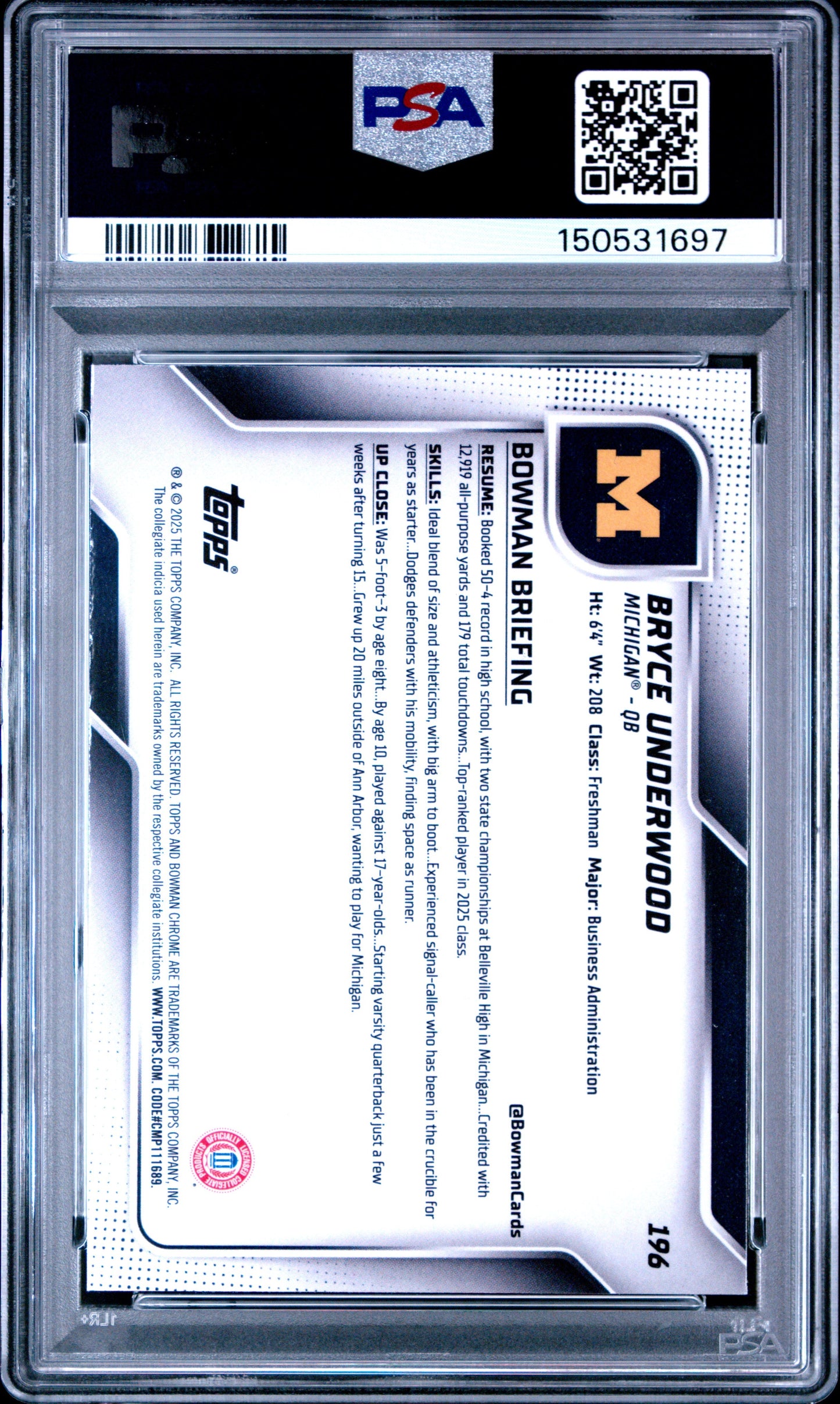 Graded 2025 Topps Bowman University Chrome Bryce Underwood #196 Rookie RC Football Card PSA 8 Near Mint