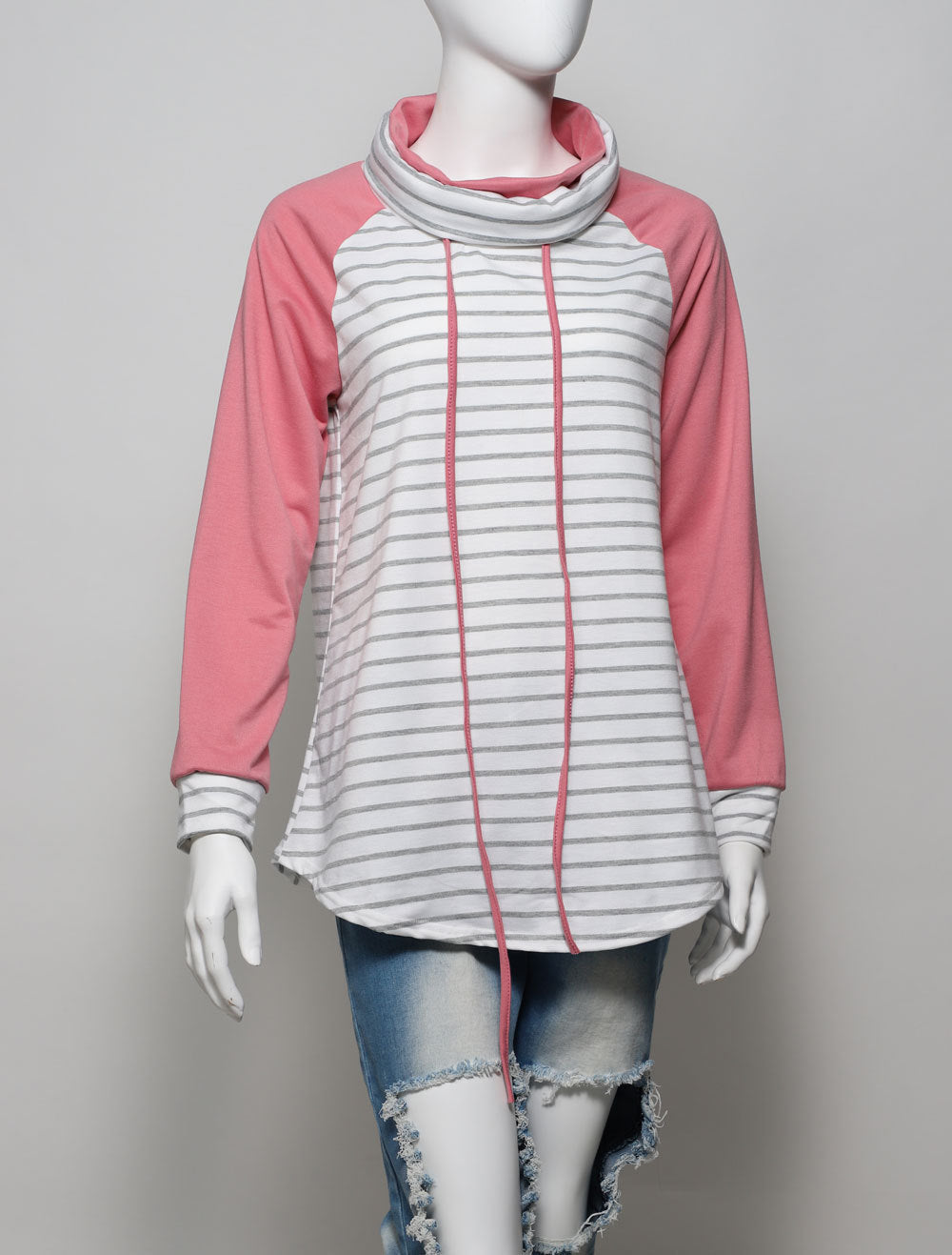 New pink sleeves blue stripes Fall or winter cotton sweater for high school or collage age girl