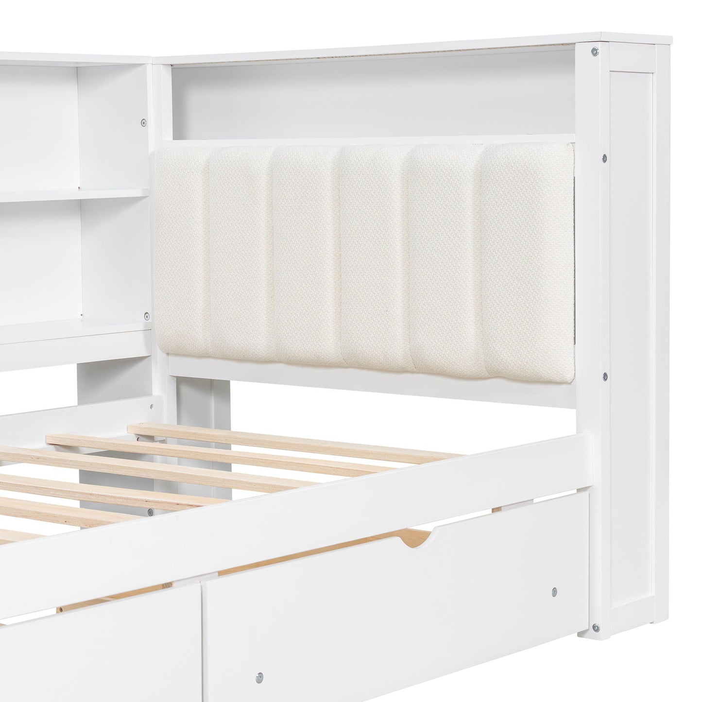Platform Bed With Upholstered Headboard, Storage Shelves, Drawers, Charging Station, LED Lighting, Built In Desk
