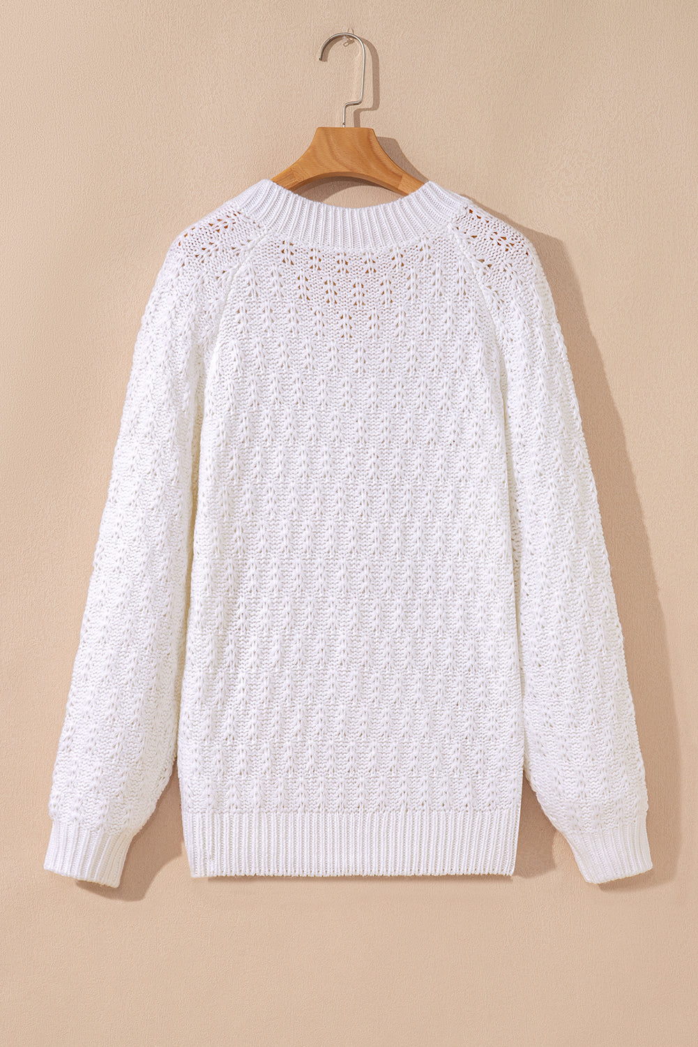 White Plain Knit Ribbed Edge V Neck Loose Sweater - Femstylo