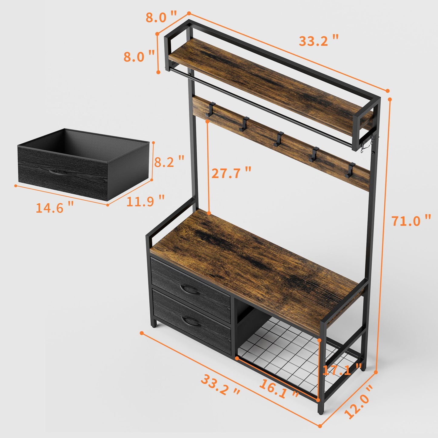 Hall Tree With 2 Movable Drawers, Shoe Storage, Shelves, Garment Racks, And 23 Hooks For Entryway - Rustic Brown