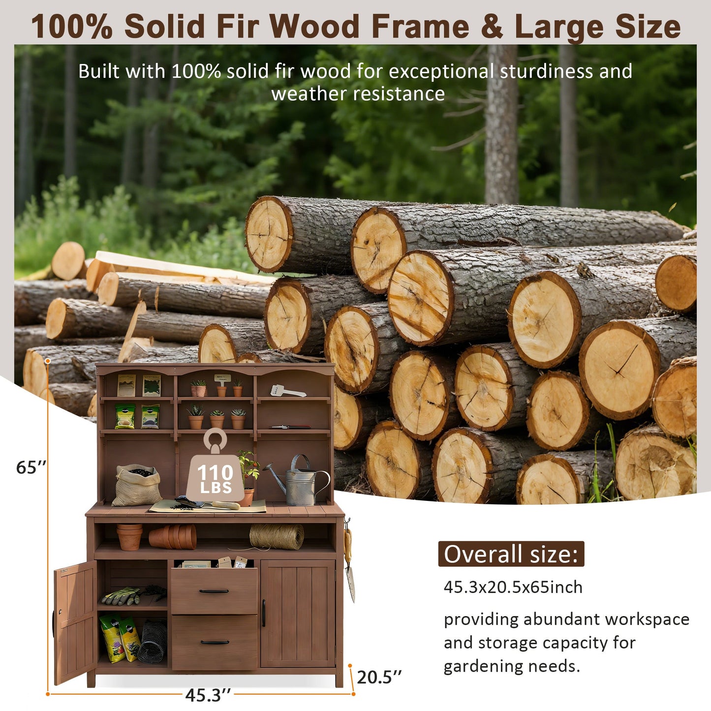 TOPMAX Large Fir Wood Potting Bench with Hutch and Storage