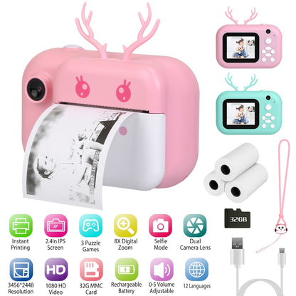 Kids Instant Print Camera 2.4in Digital Zero Ink Selfie Camera 1080P HD Video Recorder Toddler Camera with Dual Lens 3 Roll Print Papers Cute Stickers