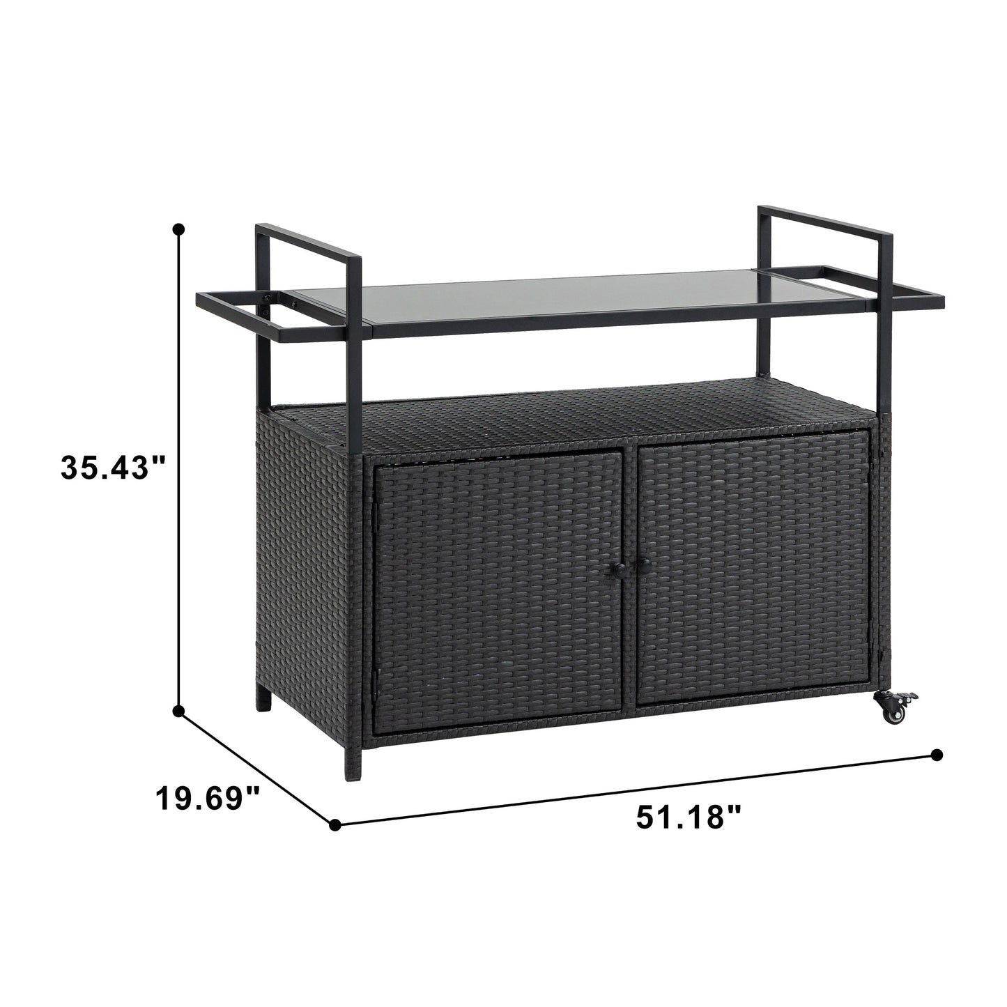 Outdoor Wicker Bar Cart with Glass Top and Wheels