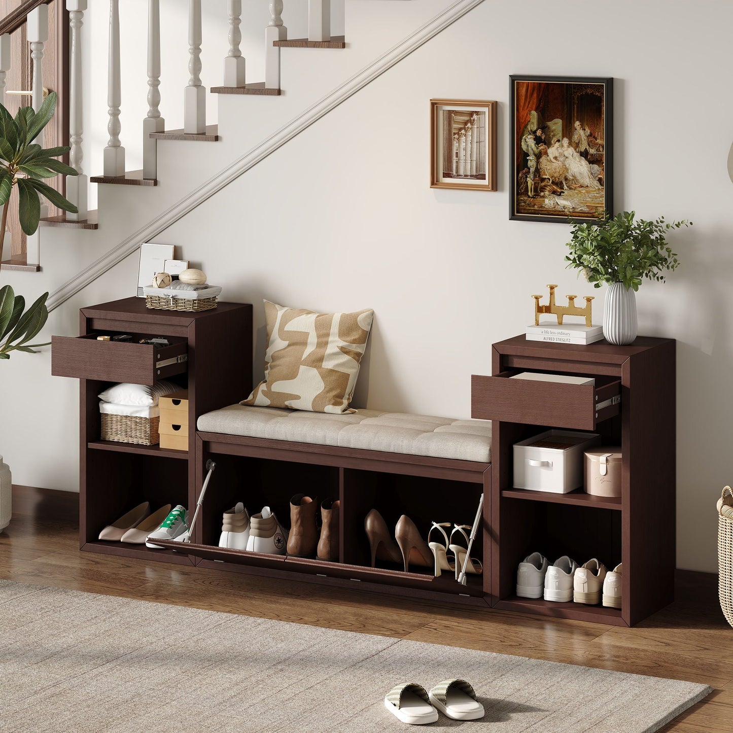 Entryway Storage Bench With Cushion, Drawers & Open Shelves