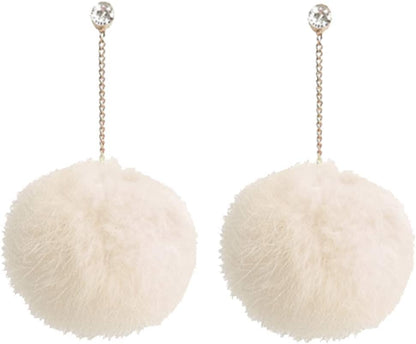 Faux Fur Pom Pom Tassel Drop Dangle Earrings Set