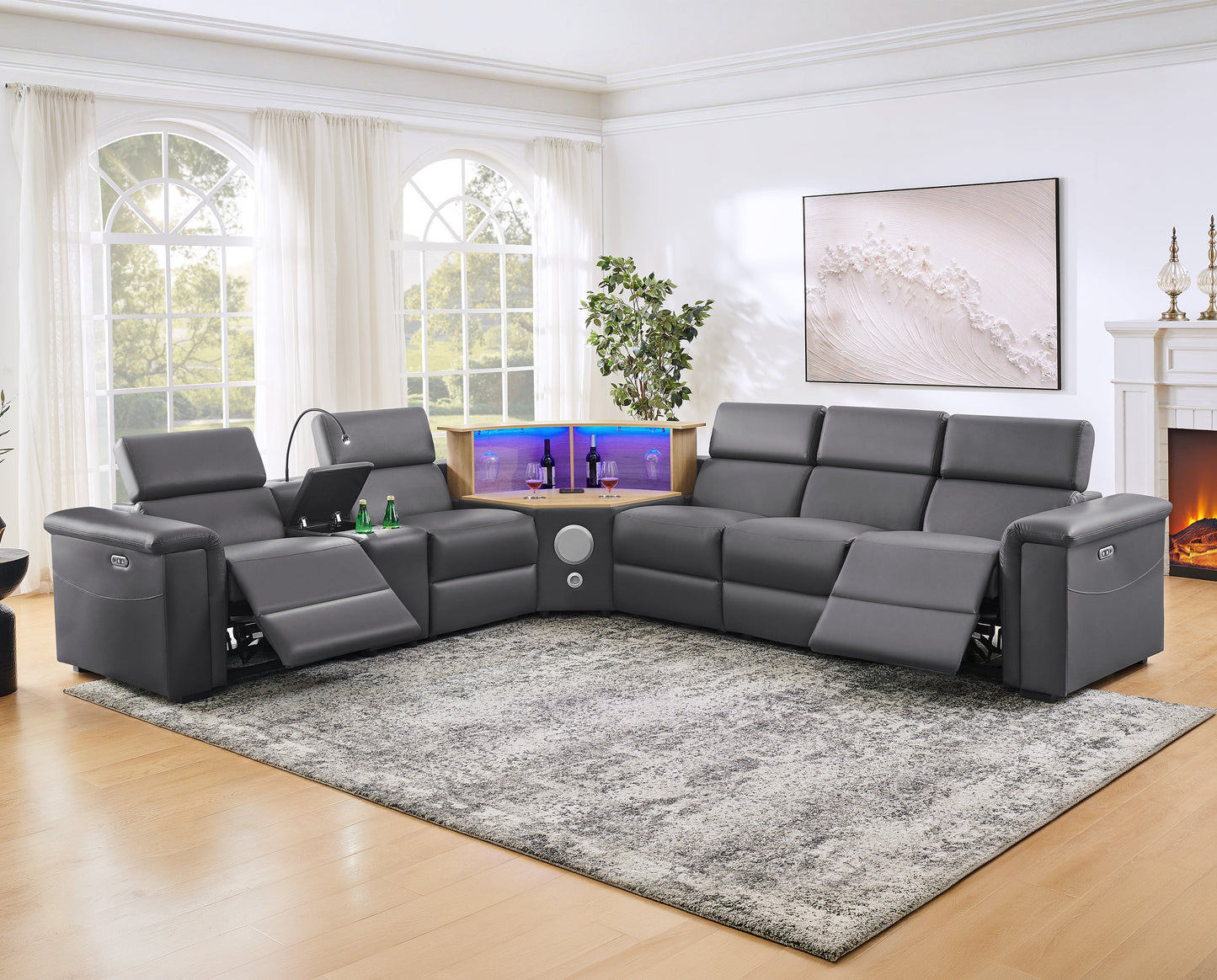5-Seater Air Leather L-Shaped Powered Recliner Sofa Set with Motorized Lift Cabinet