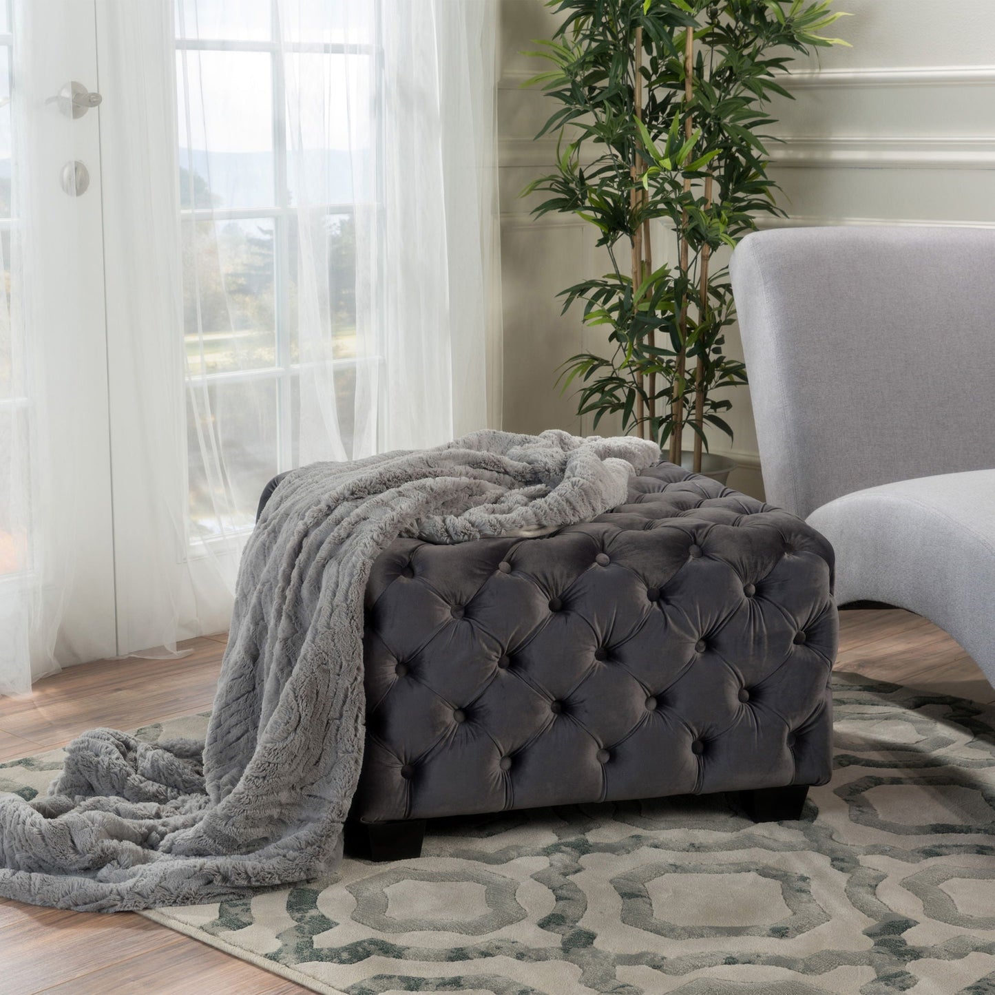 Modern Glam Ottoman with Upholstery and Button Tufted Design