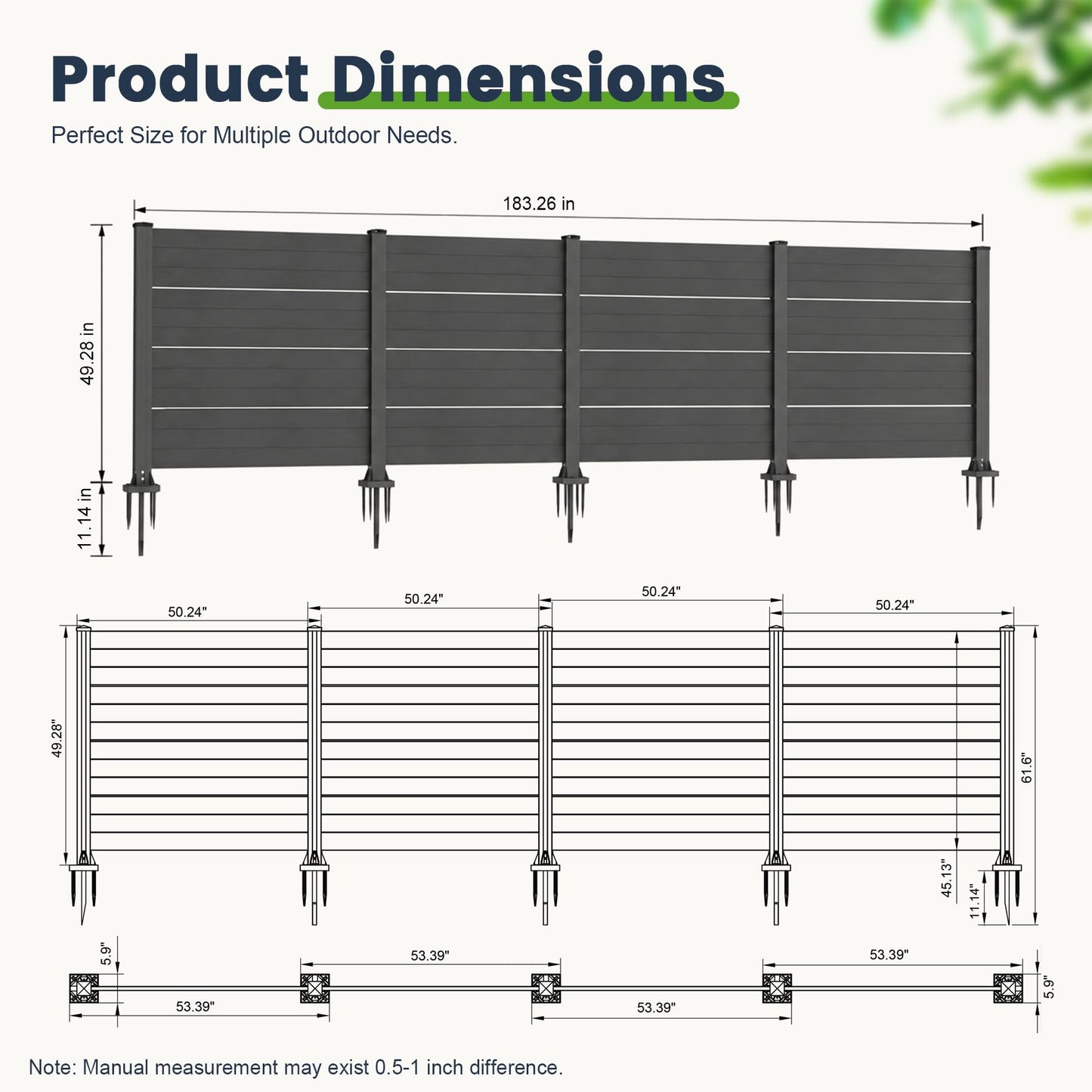 50" W x 49" H Outdoor Privacy Screen with Aluminum Posts, 4 Panels, Dark