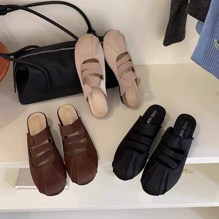 Women Retro Three Strap Split Toe Mule Flats, Pleated Front Soft Leather Backless Slip On Minimalist Casual Daily Walking Summer Slides Black Khaki Coffee Brown