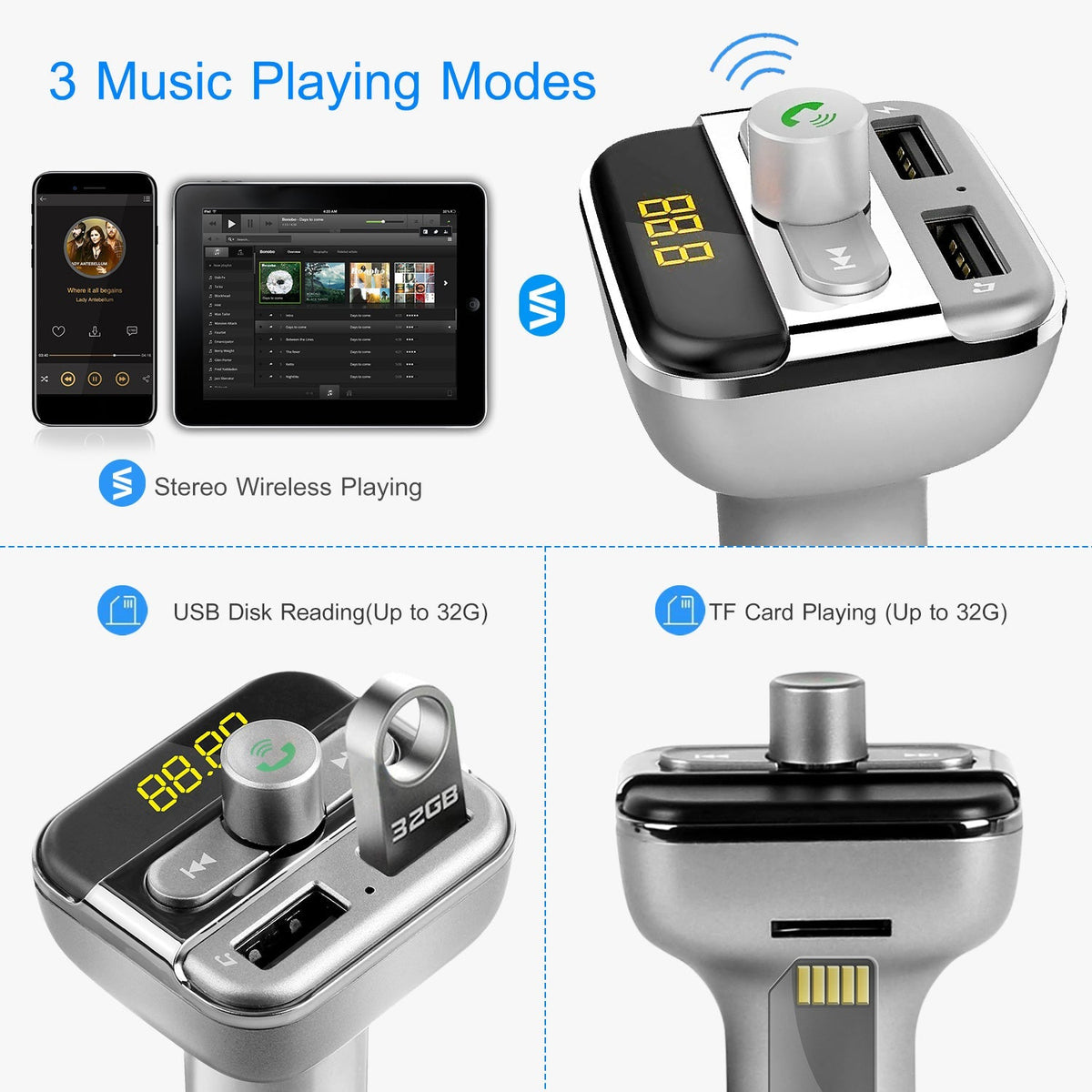 Car Wireless FM Transmitter 3.4A Dual USB Charge Hands-free Call Car MP3 Player TF Card USB Disk Reading