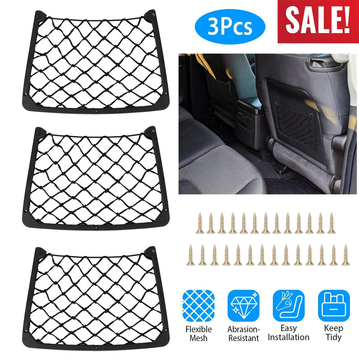 3Pcs Mesh Pockets Seat Side Back Wallet Phone Storage Net Bag Framed Stretch Car Bus Organizer Holder For Auto RV SUV Boat