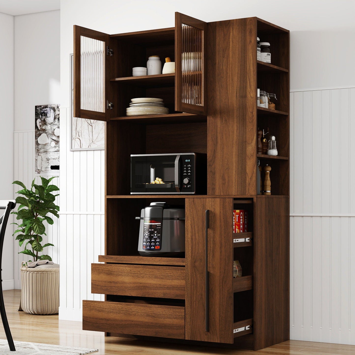 Tall Kitchen Pantry Cabinet With 4 Tier Side Shelf, 2 Drawers, Freestanding Food Hutch With Microwave Stand For Dining Room - Walnut