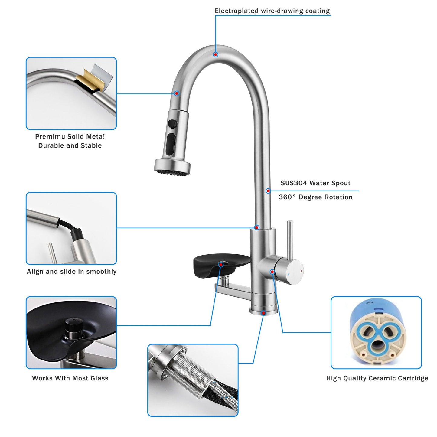 3 In 1 Kitchen Faucet With Press Type Glass Rinser, High Arc Pull Down Sprayer
