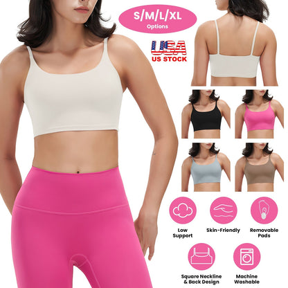 Women Strap Sport Bras Padded StrappyÊCrop Square Neck Low Impact Bras SexyÊFitnessÊTank Tops with Removable Pads Flat Straps for Gym Yoga Workout Run