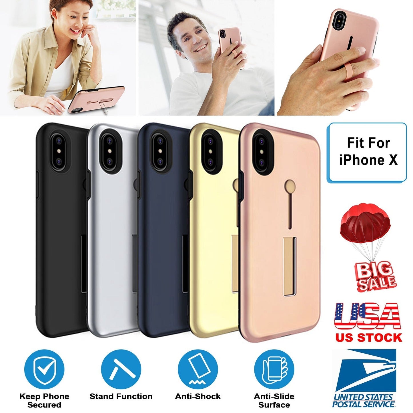 Finger Strap Phone Case for iPhone X Drop-protection Finger Ring Rugged Phone Case with Kickstand Dual Layer Case