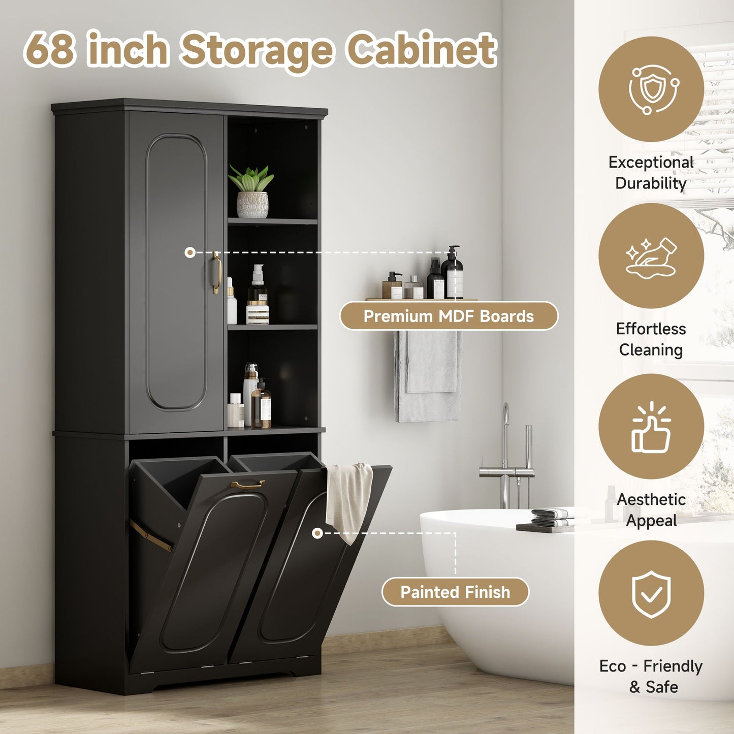 Freestanding Tall Storage Cabinet With 2 Tilt-Out Hampers
