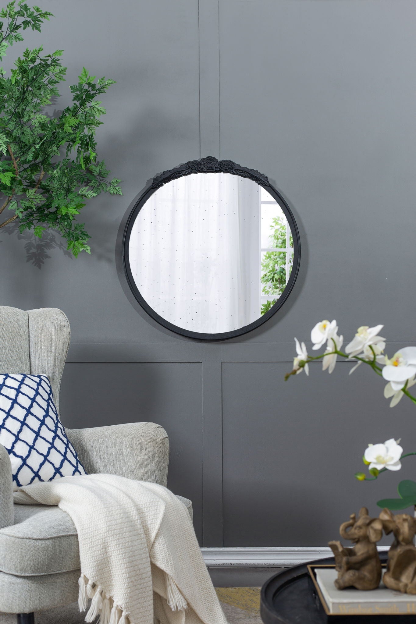 Round Hand Carved Rose Antique Mirror Frame, Wall Mirror For Live Space