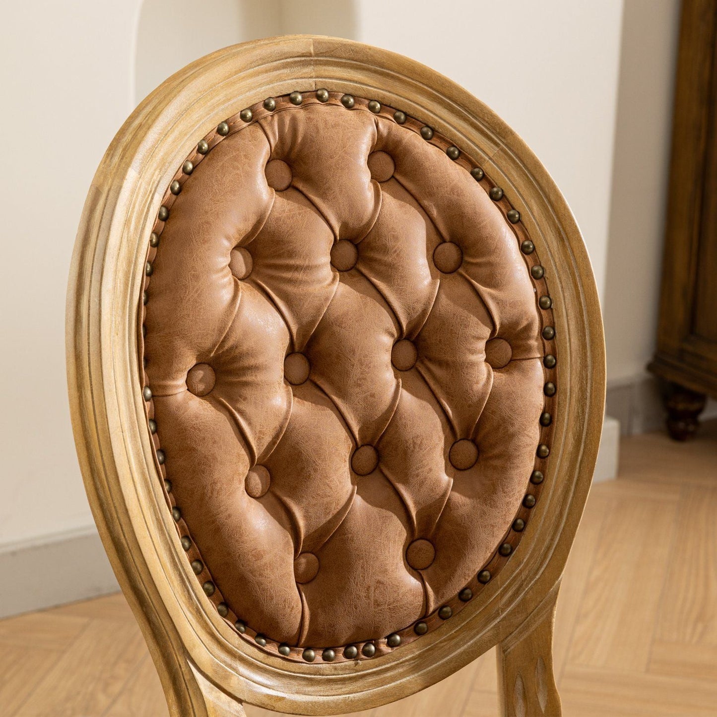French Style Solid Wood Frame Antique Painting, Hand-Pulled Buckle Decoration Artificial Dining Chair With Nailhead Trim, Wood Legs